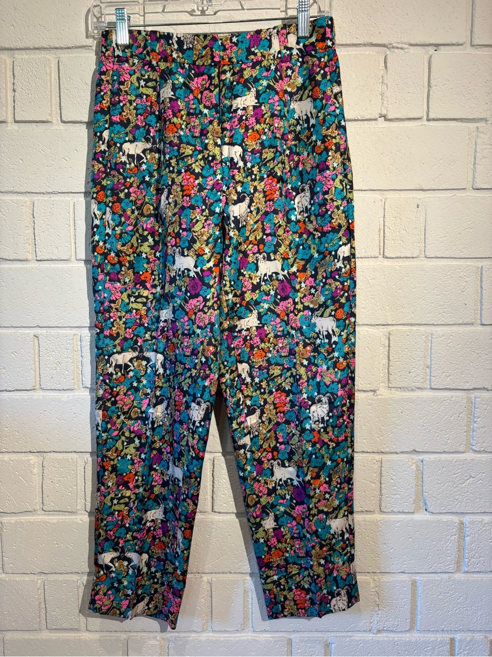 J. Crew Teal Multi Floral Cropped Straight-Leg Pants with Goat Design